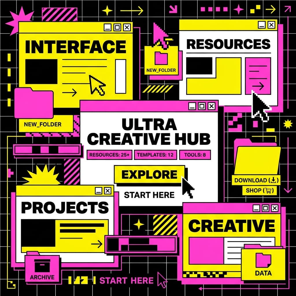 Ilustracion neo-brutalista de elementos de UI e informatica, con ventanas y ventanas en estilo pop art vibrante.