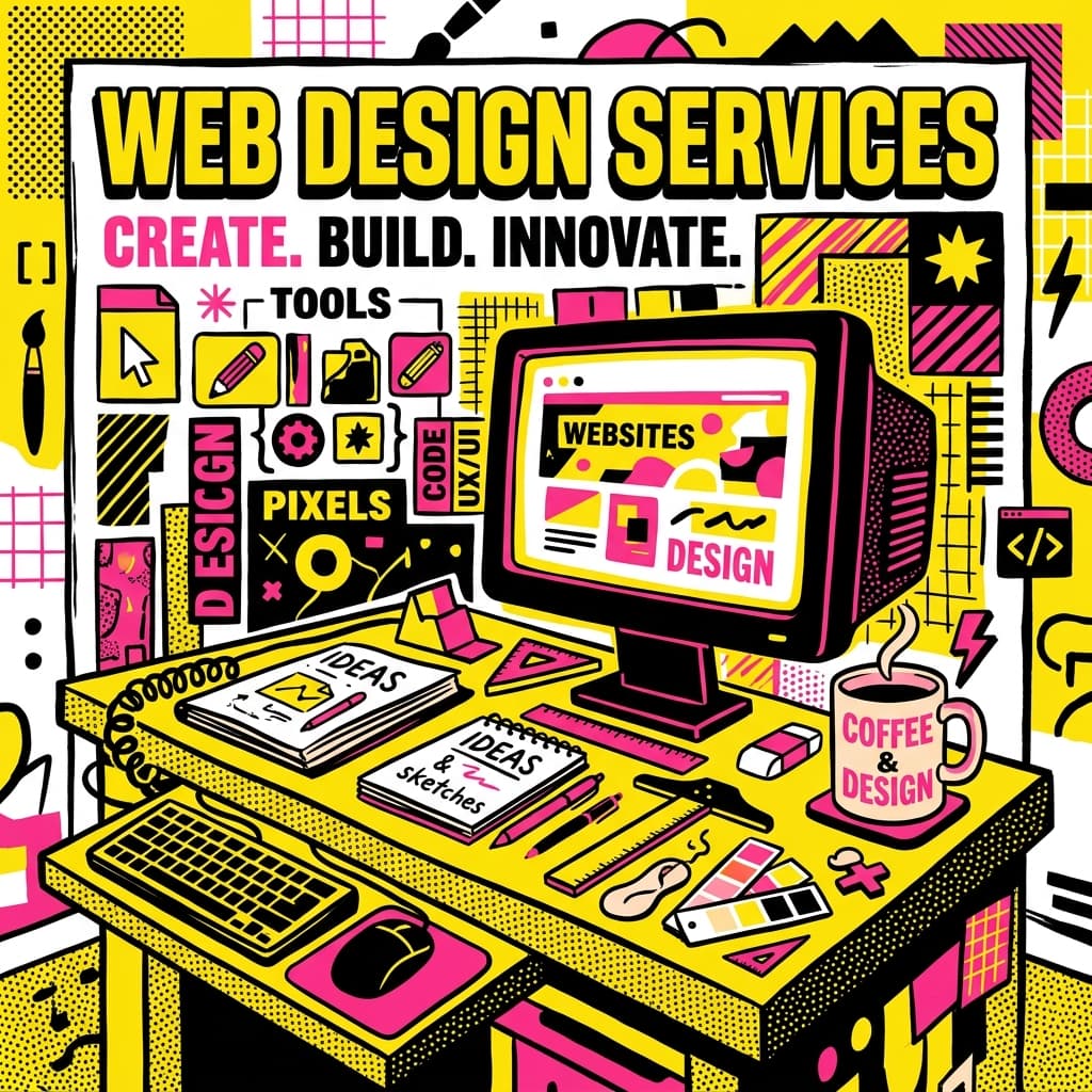 Ilustracion neo-brutalista de servicios de rediseño web con herramientas de diseño y cafe en estilo pop art vibrante.