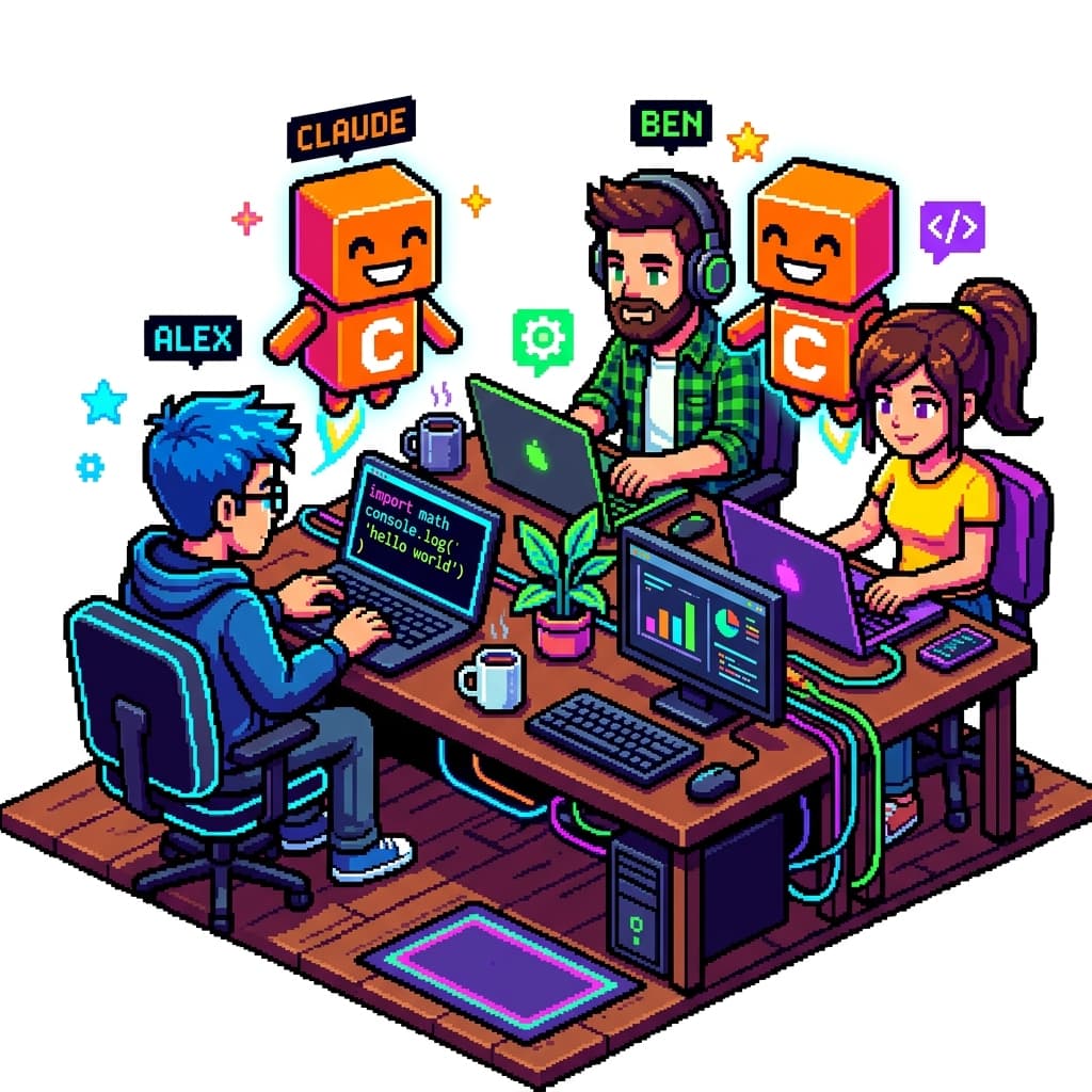 Developers coding on laptops next to Claude AI agents in pixel art style
